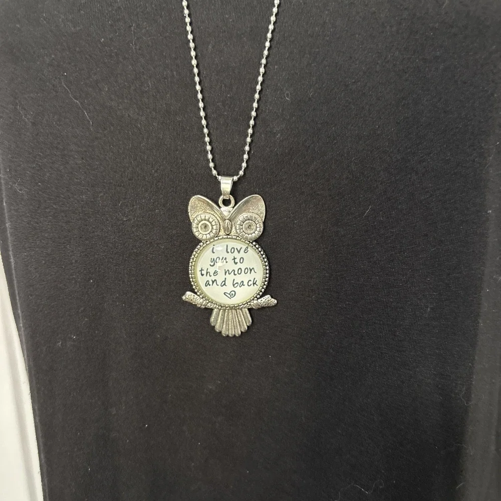 Vintage Whimsigoth Silver Owl Moon Pendant Necklace Long Ball Chain Boho Grunge